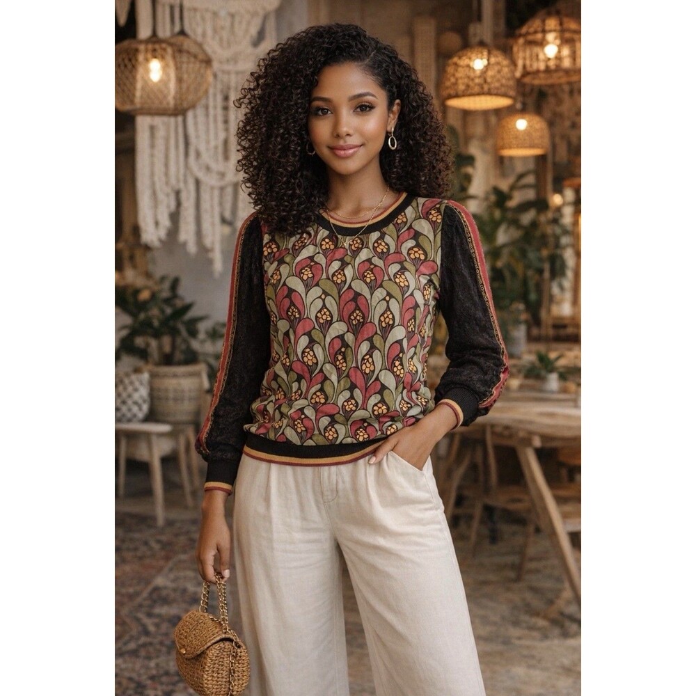 bl^nk London Anthropologie Contrast Floral Eyelet Sleeve Sweater Top XS Whimsica
